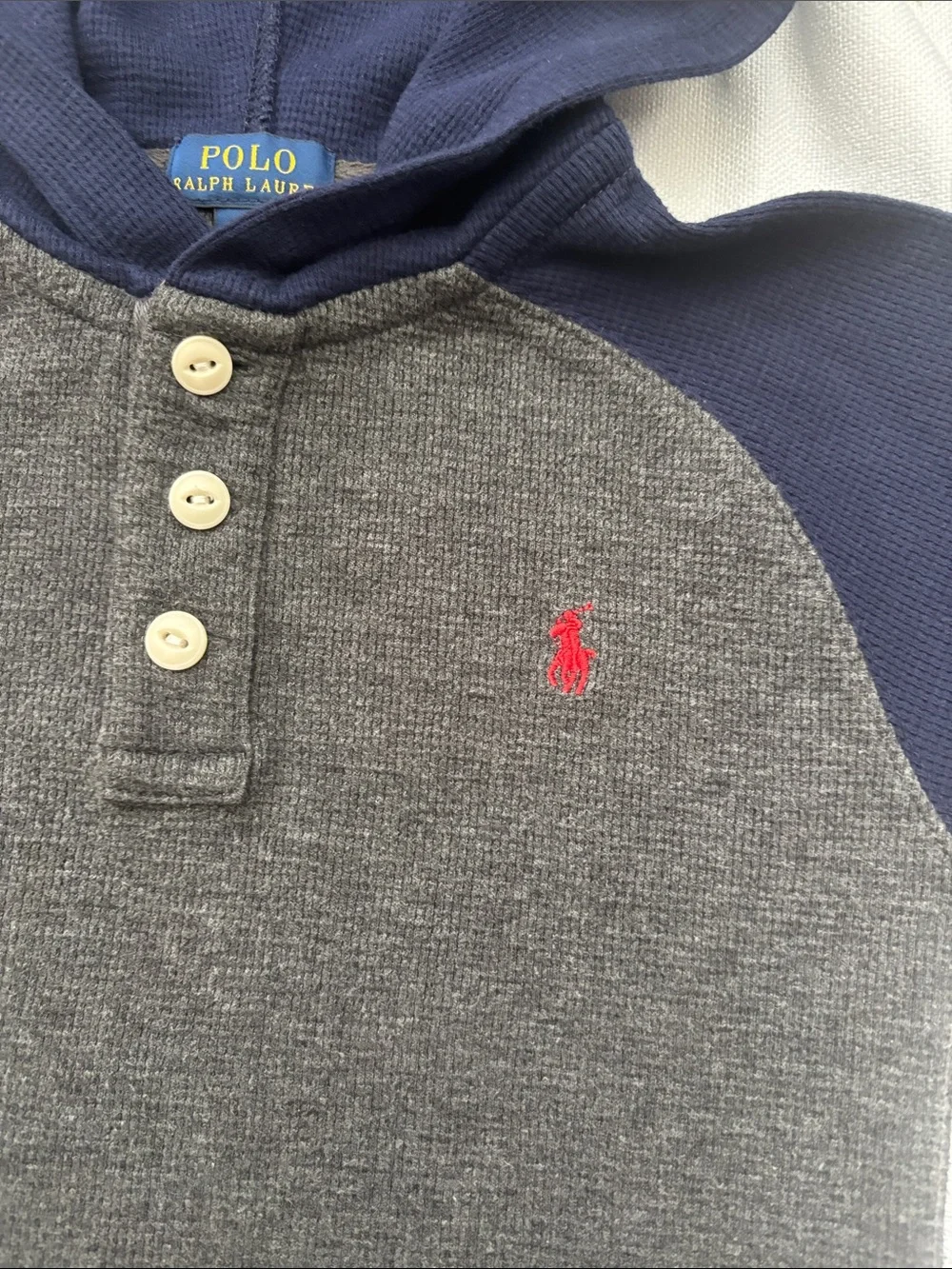 POLO Ralph Lauren Charcoal Body Navy Raglan Henley with Red Logo (Boys Size 7)